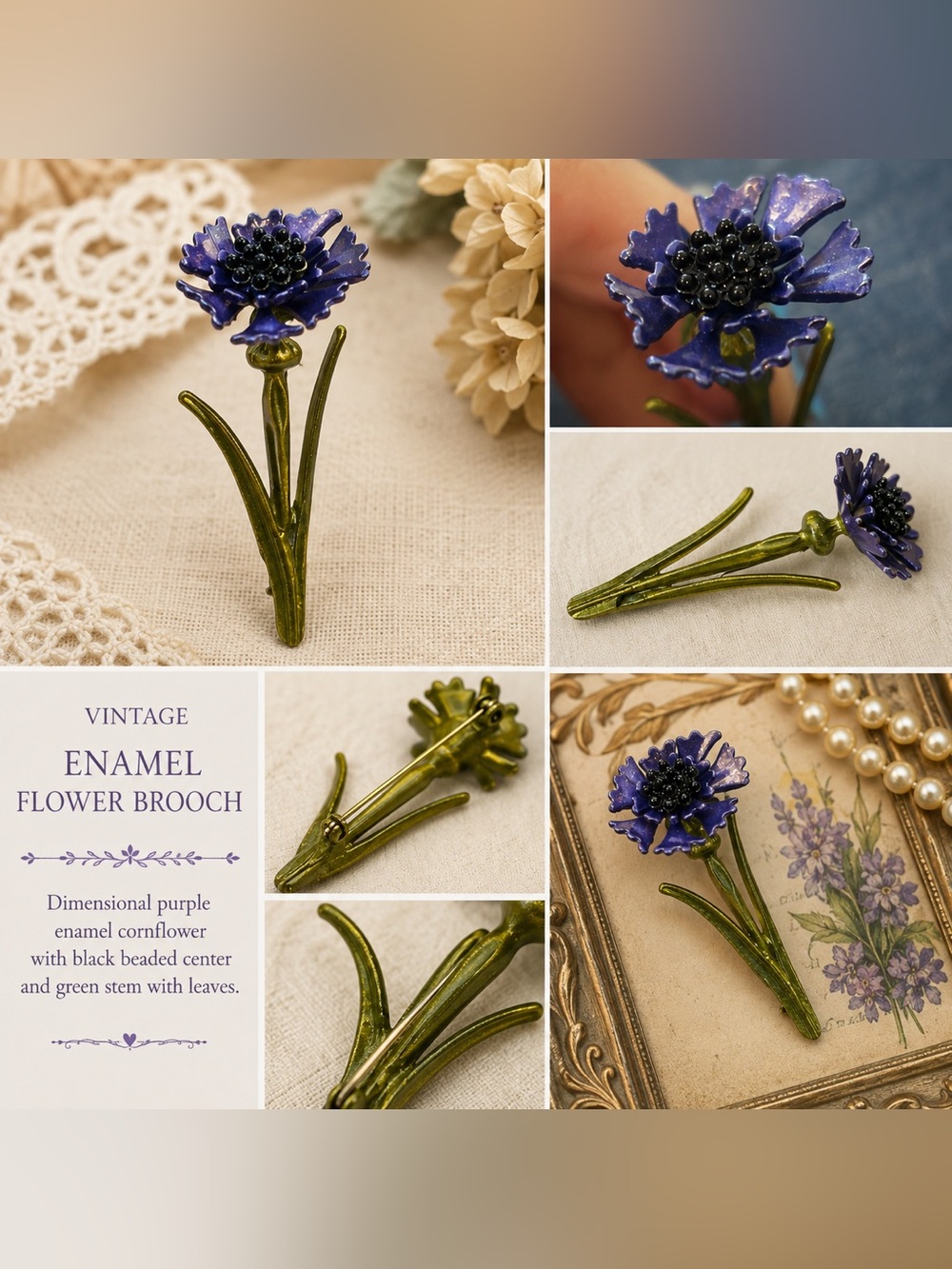 Purple Enamel Cornflower Brooch - Unbranded